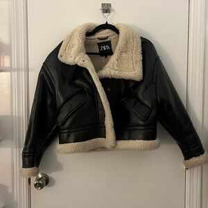 Zara Sherpa Lined Black Leather Cropped Jacket